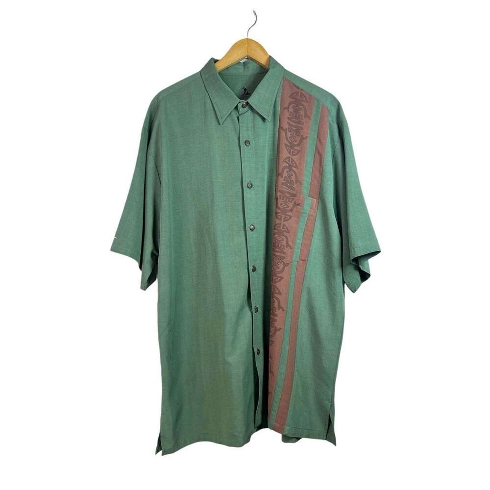 IOLANI Mens Hawaiian Green Brown Button Down Shirt Rayon Linen Blend Size XL